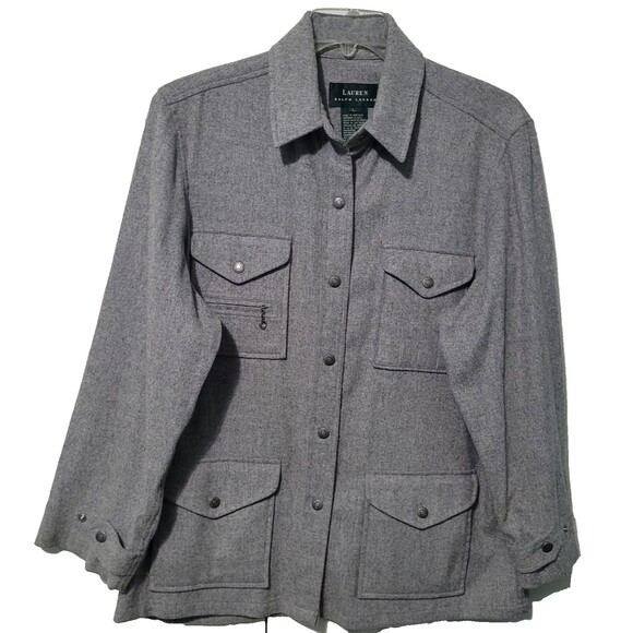 Lauren Ralph Lauren Wool Blend Shacket Womens L Gray Tweed Snap Button Jacket - Picture 1 of 15